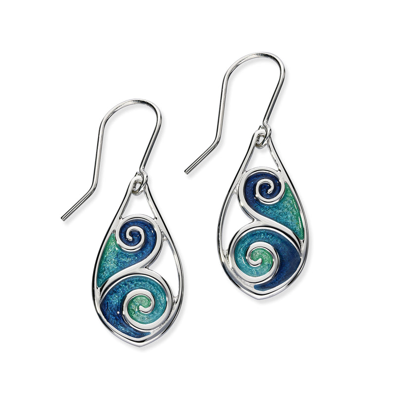 Tranquility Sterling Silver & Blue/Green Enamel Swirl Oval Drop Earrings, EE289