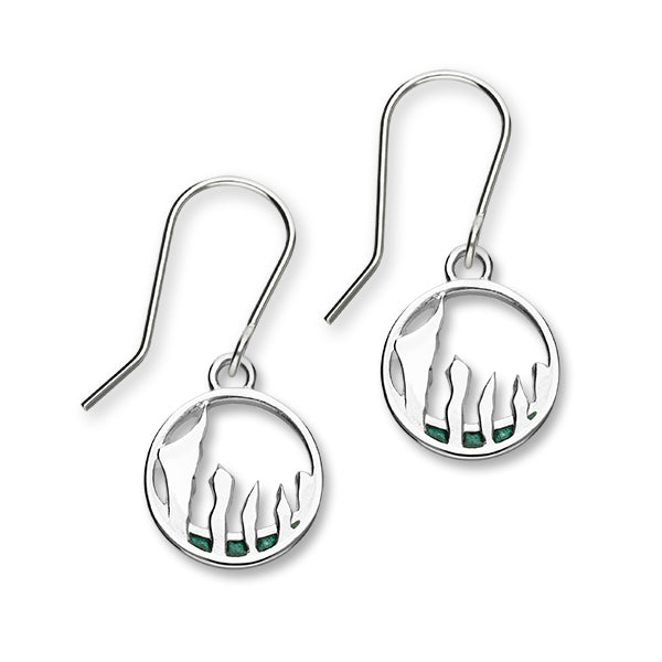 Solstice Ring of Brodgar Sterling Silver & Green Enamel Hoop Drop Earrings, EE615