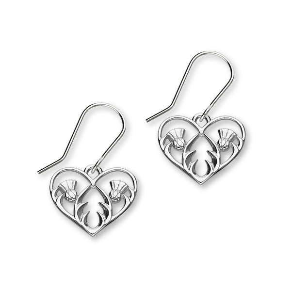Scottish Thistle Sterling Silver Heart Drop Earrings, E1903