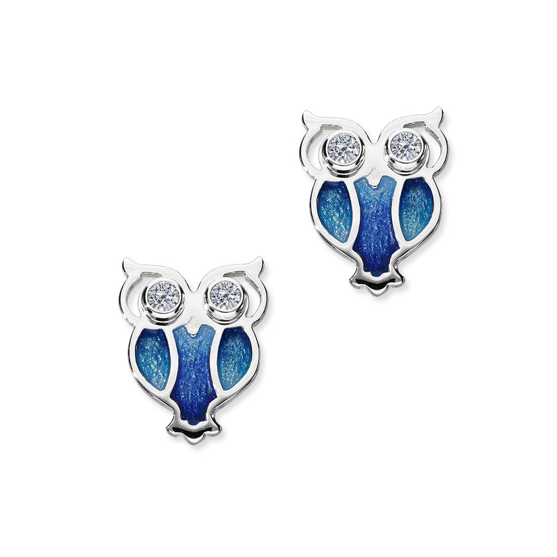 Nature in Flight Sterling Silver & Cubic Zirconia Enamel Owl Stud Earrings, ECE24