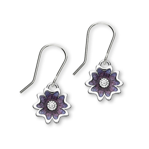 Scottish Primrose Sterling Silver & Purple Enamel Drop Earrings, EE621