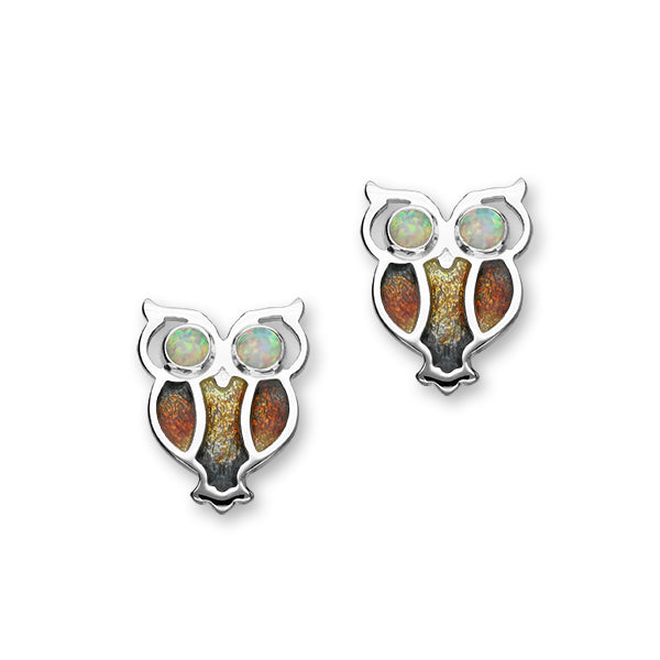 Nature in Flight Sterling Silver & Opal Enamel Owl Stud Earrings, ESE27