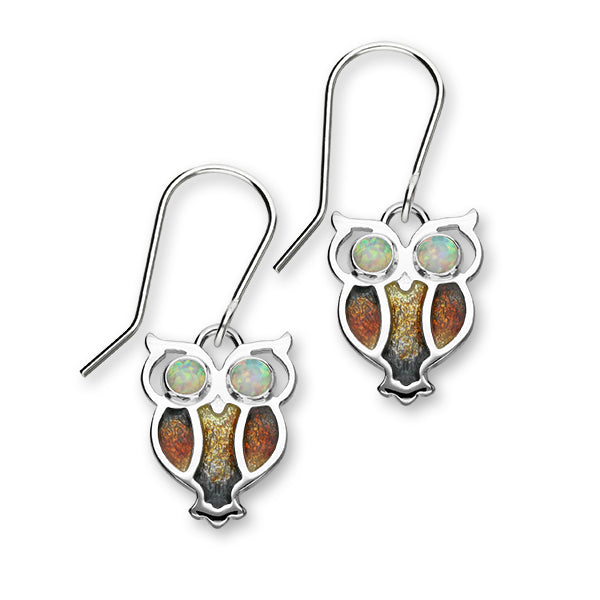 Nature in Flight Sterling Silver & Opal Enamel Owl Drop Earrings, ESE28