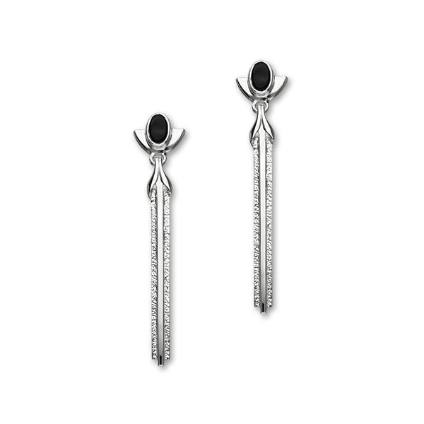 Charles Rennie Mackintosh Sterling Silver & Black Onyx Long Drop Earrings, SE74