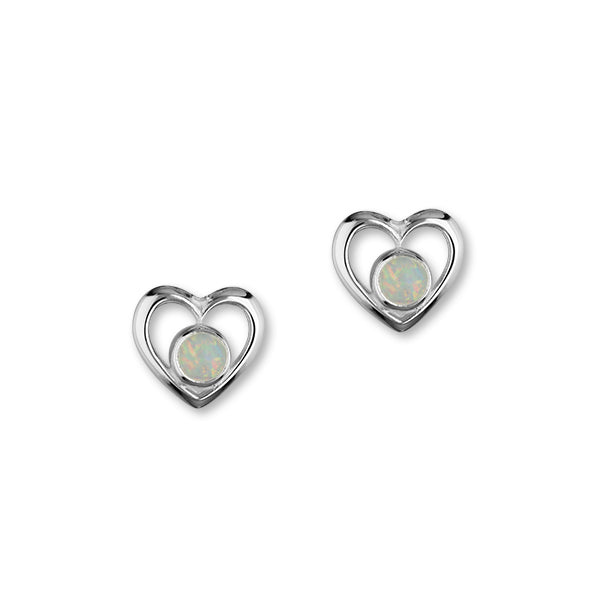 Sterling Silver & White Opal Heart Stud Earrings, SE357